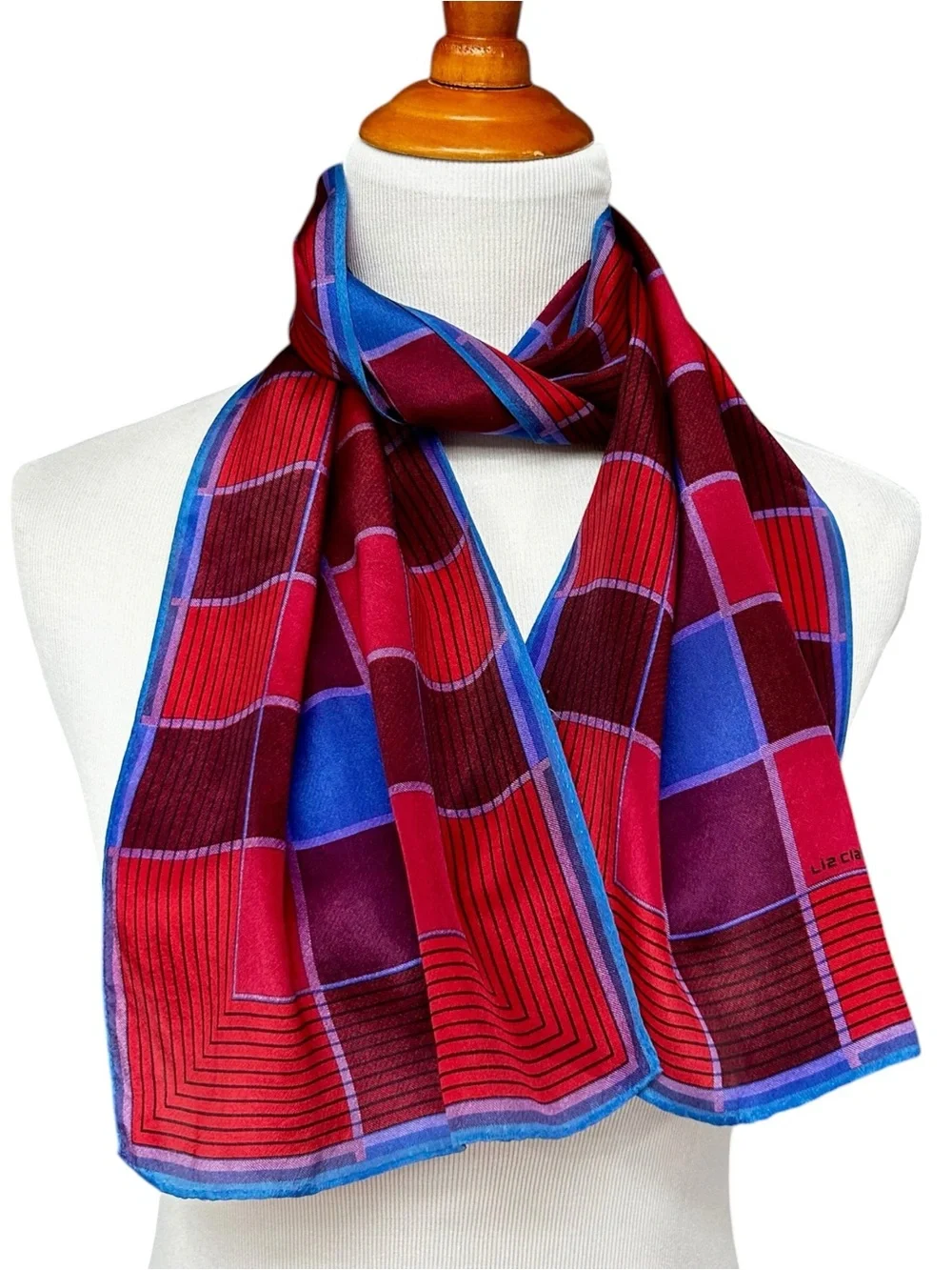 Liz Claiborne Silk Geometric Plaid Oblong Scarf Red Blue Purple Retro Fall Scarf
